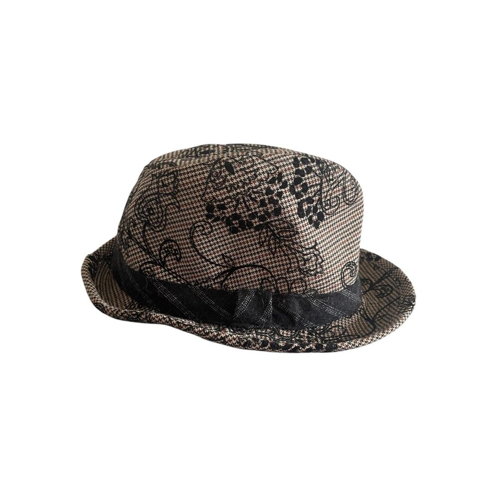 Y2K Vintage Cloth Trilby Fedora Hat Floral Embroidered Houndstooth Festival